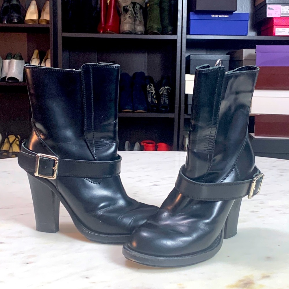 Chloe Black Leather Heeled Ankle Boots with Buckle Strap